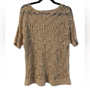 Chico’s Crochet Short Sleeve Sweater Top Tan/Beige Size L/12 (Chico’s Sz 2) EUC